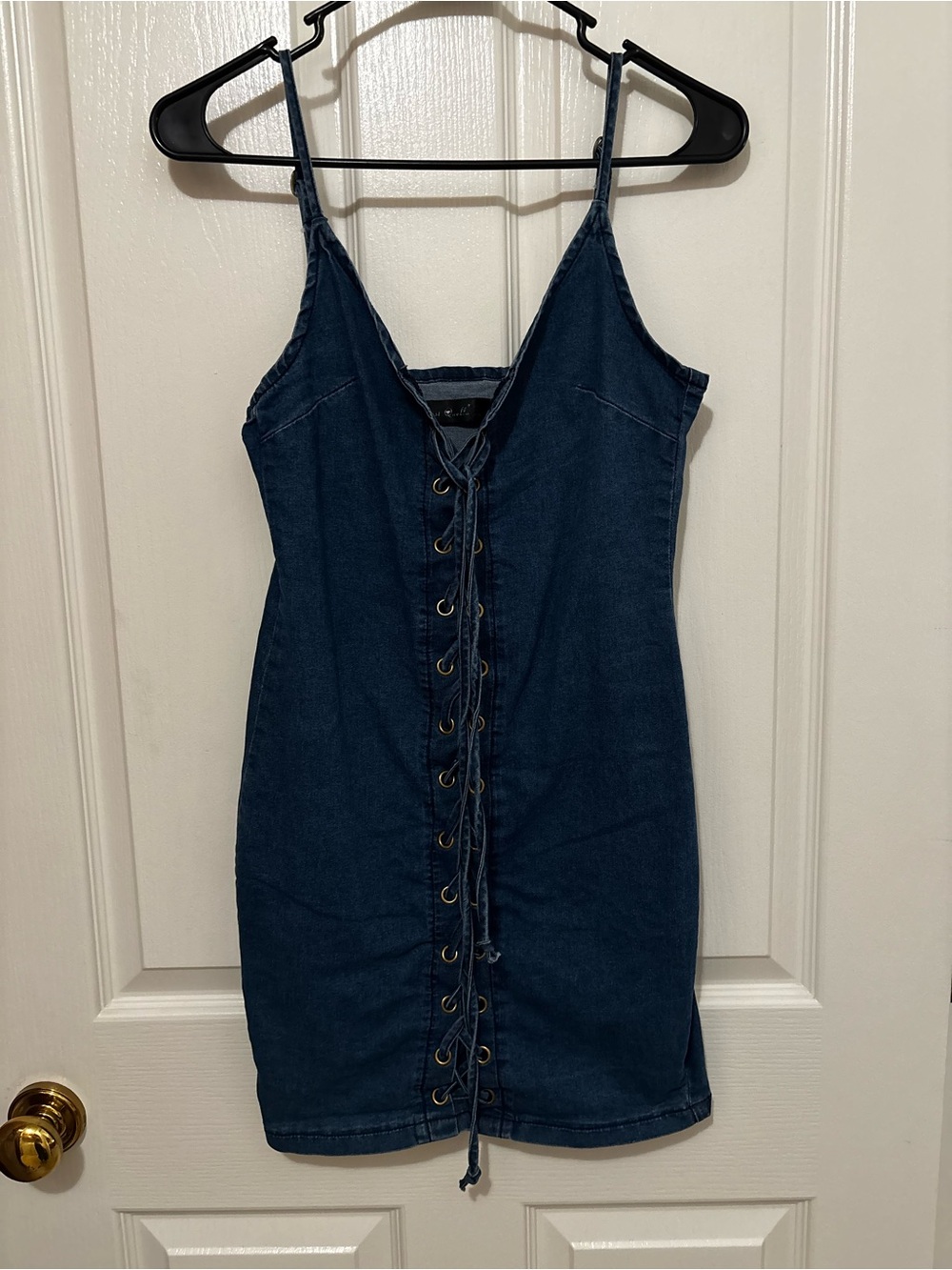 Dark Blue Denim Lace-Up Mini Dress with Adjustable Straps Size XS